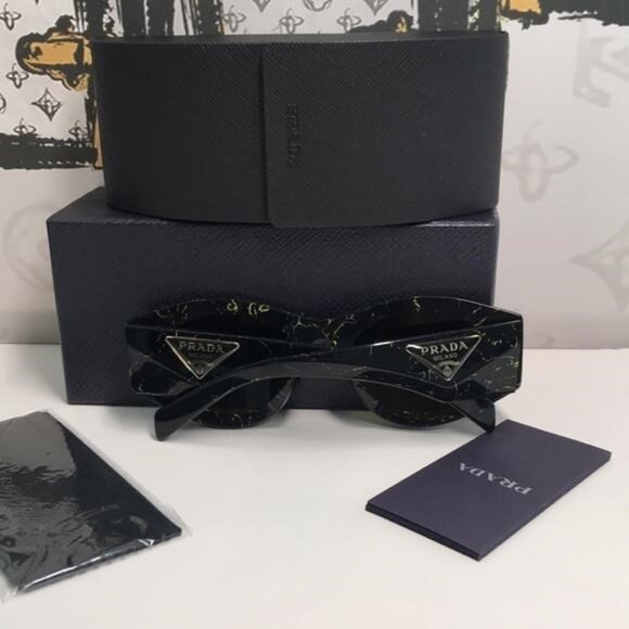 New Authentic Prada SPR 20Z Acetate Oval Symbole Sunglass– Black &Green Marbles - Picture 3 of 13